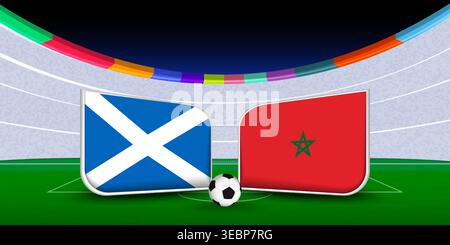 Vorschau auf das Fußballspiel mit Schottland gegen Marokko. Fußballspiel-Poster mit Nationalflaggen und Stadionhintergrund. Internationales Sportturnier Stock Vektor