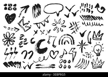 Punk Grunge Scribbles, handgezeichnete Formen und Doodles. Pinselstriche kritzeln, Text hervorheben und Formen unterstreichen. Vektor Holzkohle Graffiti dekorativ Stock Vektor