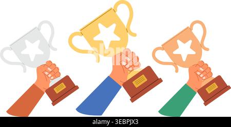 Gewinner halten Gold-, Silber- und Bronzetrophäen. Symbole des Sieges und des Erfolgs. Belohnungszeremonie. Hände mit Triumphbechern. Meisterschaftssieger Stock Vektor