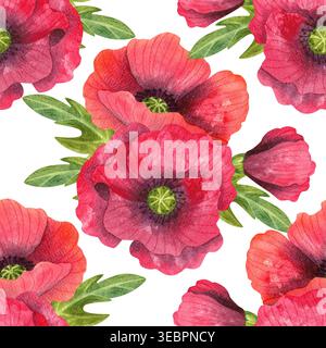 Frischer roter Mohn, nahtloses Aquarellmuster. Handgezeichnete Illustration von bunten Blumen mit leuchtenden Blättern. Lebendige Pflanzen für Blumenkarten, Verpackung Stockfoto
