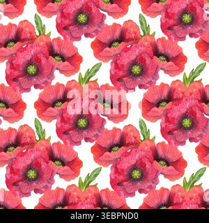 Leuchtend roter Mohn, nahtloses Aquarellmuster. Farbenfrohe frische Blumen mit lebendigen Blättern, handgezeichnet. Bunte Pflanzen für Blumenkarten, Verpackung Stockfoto