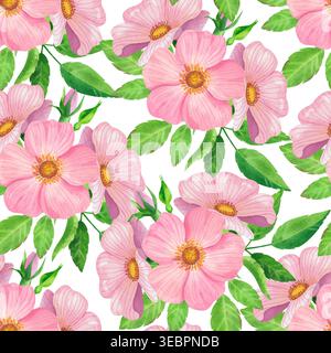 Frische Hüftrosen, nahtloses Aquarellmuster. Handgezeichnete Illustration von bunten, zarten Blumen mit leuchtenden Pastellblättern. Lebendige Pflanzen für flo Stockfoto