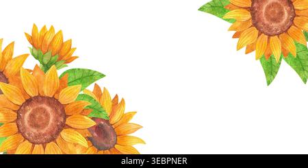 Hellgelbe Sonnenblumen, horizontaler Rahmen in Aquarellfarben. Bunte Wildblumen mit leuchtenden Blättern in sonnigen Tönen. Handgezeichnete Abbildung. Grüne Pflanzen Stockfoto