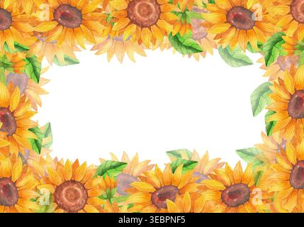 Hellgelbe Sonnenblumen, horizontaler Rahmen in Aquarellfarben. Handgezeichnete Illustration von bunten Wildblumen mit leuchtenden Blättern in sonnigen Tönen. Pflanzen für Stockfoto