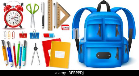 Verschiedene Schulsachen. Realistische Schreibwaren. Rucksack und Wecker. Studienzubehör. Stift und Bleistifte. Papier-Notizblöcke. Büroordner. 3D-Vektor Stock Vektor