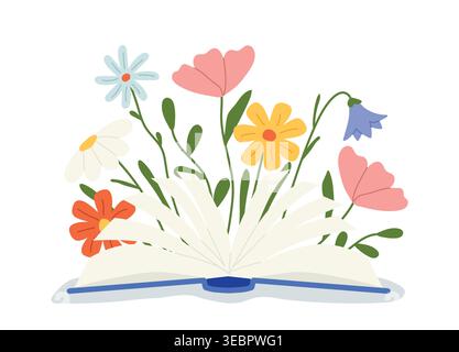 Offenes Buch mit blühenden Blumen, Blumenseiten Konzept, Fantasie und Erzählung, romantische botanische Illustration - Vektorillustration Stock Vektor