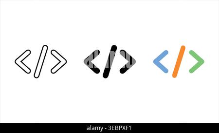 Integrieren Sie Code-HTML-Symbolsatz mit eckigen Klammern und Schrägstrichen in konturfarbene schwarze Umrisse und farbige Designstile, die auf weißem Hintergrund isoliert sind Stock Vektor