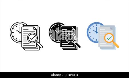 Symbol für die Protokollierung von Verlaufsprotokollen und Dokumenten mit Uhr- und Lupensymbolen in kontrastierendem Schwarz und farbenfrohen Designstilen isoliert auf weißem Ba Stock Vektor