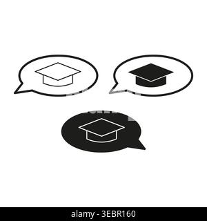 Graduierungskappe in Sprechblase Symbol Vektor setzen. Symbole stehen für akademische Diskussionen, Online-Schulungen und die Anleitung von Schülern. EPS 10. Stock Vektor