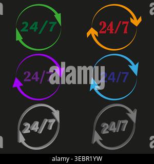 Farbenfrohe 24 7 Service Icons Sammlung Vektor. Grafische Elemente veranschaulichen den ständigen Kundensupport und das Non-Stop-Geschäft. EPS 10. Stock Vektor