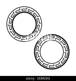 Kreisförmiger griechischer Schlüsselrahmen Set Design Element Vektor. Traditionelle Mäanderrahmen bieten klassische Ästhetik für Branding oder Dekor. EPS 10. Stock Vektor
