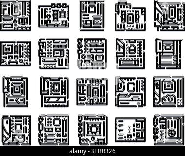 Sammlung von Schaltungen auf der Hauptplatine für Computertechnologiesymbole Stock Vektor