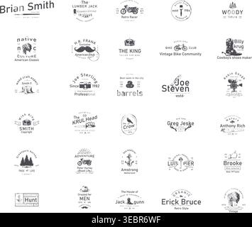 30 Vintage-Logo-Vorlagen mit Retro-Symbolen im Distress-Stil Stock Vektor