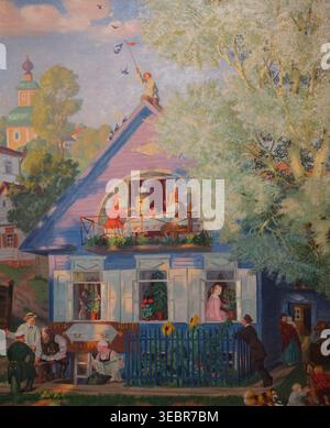 Kleines Blaues Haus. 1920. Kustodiev Boris Michailowitsch (1878-1927). Öl auf Leinwand. Staatliches Museum-Reserve Peterhof, St. Petersburg. Stockfoto