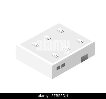Modernes Industriegebäude isometrisch gesehen, mit Dachfenstern, symbolisiert Effizienz und zeitgenössisches architektonisches Design Stock Vektor