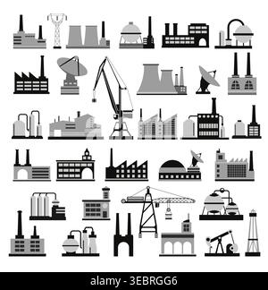 Sammlung monochromer Symbole, die verschiedene Industriebauten, Kraftwerke, Fabriken und Produktionsstätten darstellen und die den modernen industrie symbolisieren Stock Vektor