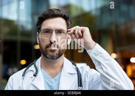 Erfahrener männlicher Arzt, der einen Labormantel und ein Stethoskop trägt, passt seine Brille selbstbewusst an und symbolisiert Professionalität, Vertrauen und fortgeschrittene Medizin Stockfoto