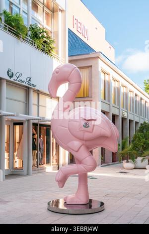 Miami Design District mit Pink Flamingo Art Installation von Montclair Stockfoto