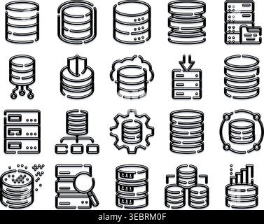 Datenbank- und Netzwerksymbole für die Datenverwaltung Stock Vektor