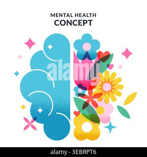Psychische Gesundheit Konzept Vektor-flache Illustration. Menschliches Gehirn mit Blumen und Herzen. Abstraktes geometrisches Design für Psychologie, Wellness, Selbstpflege, po Stock Vektor