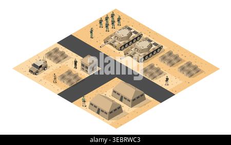 Isometrische Militärbasis in Wüstenumgebung mit Panzern, Soldaten, Kasernen, Vorräten, wachturm und Fahrzeuge Stock Vektor