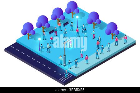 Isometrische Vektorillustration, die Menschen darstellt, die in einem intelligenten Stadtpark mit futuristischer Ampel, Bänken, Bäumen und Straßenlaterne laufen Stock Vektor