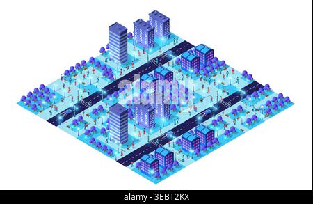 Futuristische, intelligente Stadt bei Nacht mit leuchtenden Gebäuden und Bürgern, die auf den Straßen spazieren Stock Vektor
