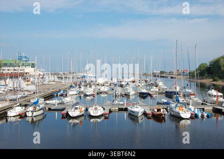 Geschäftige Marina in Tallinn, Estland, gefüllt mit Segelbooten und Yachten, die entlang der Piers unter klarem blauem Himmel angedockt sind Stockfoto