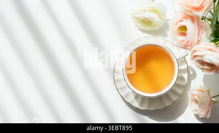 Elegante Lifestyle-Komposition mit weißer Keramik-Teetasse mit Muscheluntertasse und goldenem Rand, gefüllt mit bernsteinfarbenem grünem Tee, umgeben von blassrosa Stockfoto