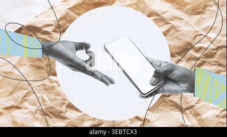 Kreative Collage mit Handaustausch auf strukturiertem Hintergrund Stockfoto