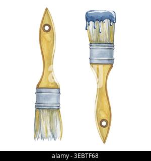 Ein Satz von zwei handbemalten Aquarellpinseln mit Holzgriffen. Ein Pinsel ist sauber, der andere ist in dicke blaue Farbe getaucht und realistisch Stockfoto