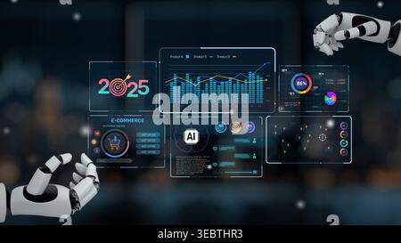 Entdecken Sie eine futuristische Visualisierung, die Datenanalysen für E-Commerce präsentiert und Roboterhände hervorhebt, die mit verschiedenen Wachstumsmetriken und KI interagieren Stockfoto