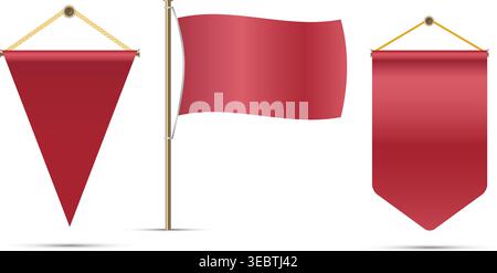 Vektor-Set aus drei roten Fahnen und Bannern dreieckiger Wimpel mit goldenem Seil rechteckige Flagge auf goldenem Fahnenmast mit Flattereffekt und vertikalem Verbot Stock Vektor