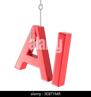 AI am Angelhaken, Köder für künstliche Intelligenz und Technikfalle. 3D-Rendering isoliert auf weißem Hintergrund Stockfoto