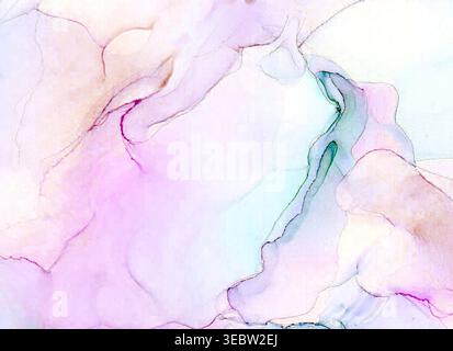 Heller abstrakter Alkoholtinte Hintergrund mit weichen irisierenden Pastelltönen. Sanfte, fließende Textur mit luftigen Verläufen, ideal für elegantes minimales Design und Stockfoto
