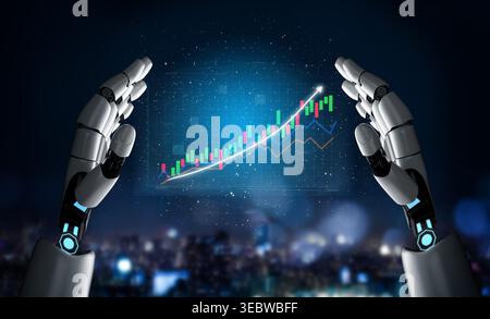 Dieses Bild zeigt eine futuristische Roboterhand, die das Finanzwachstum durch ein digitales Diagramm visualisiert und die fortschrittliche Datenanalyse und symbolisiert Stockfoto