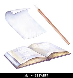 Handgemaltes Aquarellset mit offenem leerem Buch, Holzstift und gewelltem Blatt Papier. Realistisches Clipart auf einem isolierten Hintergrund Stockfoto