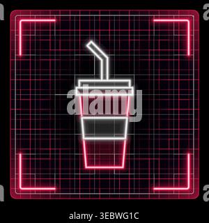Plastikbecher mit Strohhalm, Getränkesymbol oder Cola-Becher. Futuristische Icon-Kollektion in Cyber-Neon, bearbeitbare Konturen im Grafikstil. Stock Vektor