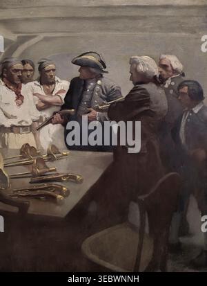 Der Commander verteilt Feuersteinpistolen an Crew-Mitglieder und Gentlemen, die sich auf eine gefährliche Reise oder Konfrontation vorbereiten und Verteidigung, Bereitschaft und Loyalität symbolisieren. Illustriert von Newell Convers Wyeth, Orr, Monro S., George Variant; aus L’île au trésor [Schatzinsel] von Stevenson, Robert Louis, 1850–1894; ins Französische übersetzt Déodat Serval, veröffentlicht 1883 Stockfoto
