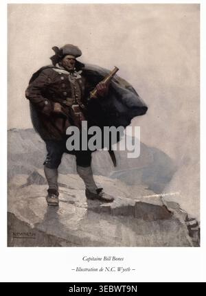 Captain Bill Bones, ein zerklüfteter Seemann von Treasure Island, steht an einer prekären Klippe, hält ein Spionageglas und beobachtet den Horizont mit einem entschlossenen und verwitterten Ausdruck. Illustriert von Newell Convers Wyeth, Orr, Monro S., George Variant; aus L’île au trésor [Schatzinsel] von Stevenson, Robert Louis, 1850–1894; ins Französische übersetzt Déodat Serval, veröffentlicht 1883 Stockfoto