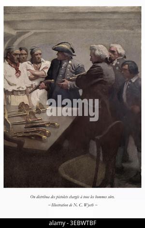 Der Commander verteilt Feuersteinpistolen an Crew-Mitglieder und Gentlemen, die sich auf eine gefährliche Reise oder Konfrontation vorbereiten und Verteidigung, Bereitschaft und Loyalität symbolisieren. Illustriert von Newell Convers Wyeth, Orr, Monro S., George Variant; aus L’île au trésor [Schatzinsel] von Stevenson, Robert Louis, 1850–1894; ins Französische übersetzt Déodat Serval, veröffentlicht 1883 Stockfoto