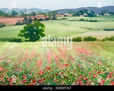 Blühendes Mohnfeld in ländlicher Aquarelllandschaft Stockfoto
