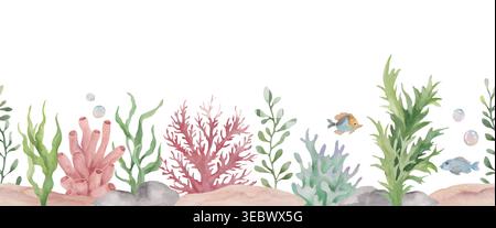 Wasserfarben Meeresleben nahtlose Grenze mit Korallenriff, Unterwasserpflanzen, Fischen, Felsen isoliert auf weißem Hintergrund. Handgezeichnete Abbildung. Vektor-EPS Stock Vektor