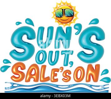 Mit dem glänzenden 3D-Schriftzug wird ein Sommerangebot mit fröhlichen Sonne- und Wasserelementen angekündigt Stock Vektor