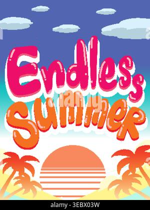 Lebhaftes Plakat mit Zeichentrick-Typografie mit rosa und orangefarbenem Text über einem tropischen Hintergrund bei Sonnenuntergang am Strand Stock Vektor