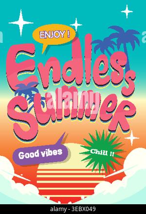 Lebendiges Retro-Poster mit pinkem Text, Palmen und gestreiftem Hintergrund bei Sonnenuntergang Stock Vektor