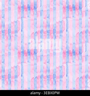 Weiches, nahtloses Aquarellmuster mit zarten vertikalen Streifen in Pastellrosa und Hellblau. Dieses handgezeichnete geometrische Design bietet eine strukturierte Struktur Stockfoto