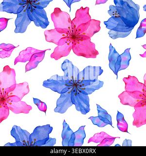Leuchtendes, nahtloses Muster in Aquarellen mit durchscheinenden rosa und blauen tropischen Blumen und Blütenblättern. Elegantes handgezeichnetes Blumendesign, ideal für den Sommer Stockfoto