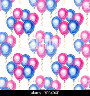 Festliches, nahtloses Muster in Aquarellen mit leuchtenden rosa und blauen Ballons mit goldenen Locken. Eine fröhliche Hand gezeichnete Illustration Stockfoto