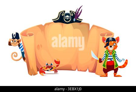 Cartoon-Affen-, Katzen- und Krabbentier-Piraten mit alter Papierrolle. Vektor leere Vintage-Manuskriptrolle, Tierfiguren und Tricornhut mit Federn und Schädel für Schatzsuche Einladungen Stock Vektor